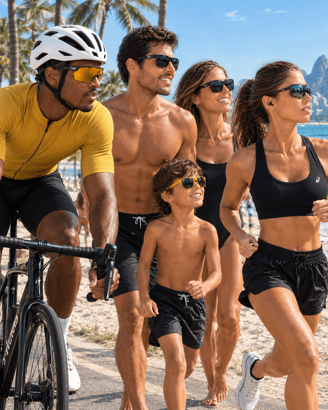 Família com ciclista, criança, casal e corredora usando óculos de sol